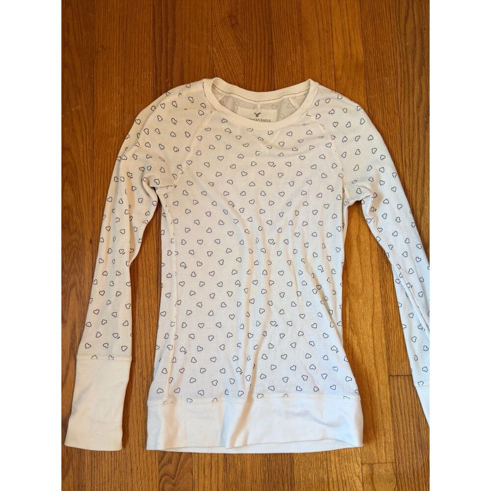 American Eagle Outfitters Heart Print Waffle Knit Thermal Long Sleeve Top